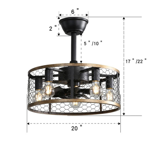 20 Inch Industrial Cage Ceiling Fan with 7 ABS Blades in black with wood trim, featuring wire mesh and light bulbs.