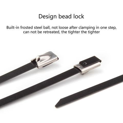 Front view of stainless steel bead-lock fasteners on black straps, two metal clamps visible.
