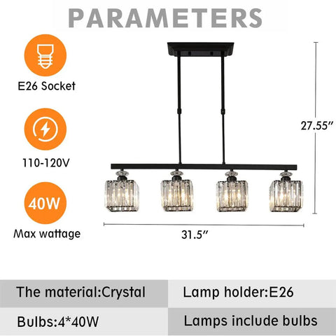 4 Light Crystal Ceiling Pendant Fixture with Adjustable Height Square Modern Chandelier E26 Base dimensions and features
