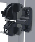 Two Sided Gate Latch With External Button And Key Lock For Square Post Fence Gates, No Brainer Install On Metal Wood Or Vinyl, Works On Both Sides, Black Finish close-up