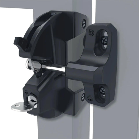 Two Sided Gate Latch With External Button And Key Lock For Square Post Fence Gates, No Brainer Install On Metal Wood Or Vinyl, Works On Both Sides, Black Finish close-up