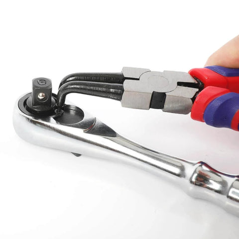 Pro Grade Four Piece Snap Ring Pliers Set used on a ratchet, showcasing bent jaws and Cr-V steel, heavy duty seven inch pliers
