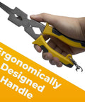 Close-up of hand holding Deluxe MIG Welding Pliers And Pro Grade Workhorse Tool Kit For Welders 8 Inch Pliers with ergonomic grip in yellow.