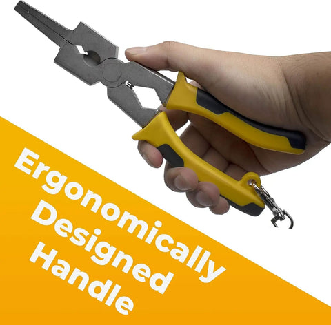 Close-up of hand holding Deluxe MIG Welding Pliers And Pro Grade Workhorse Tool Kit For Welders 8 Inch Pliers with ergonomic grip in yellow.