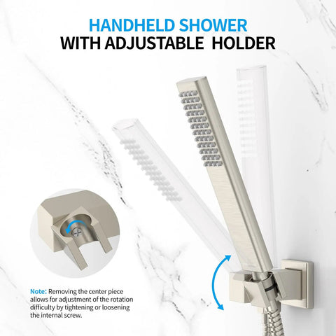 Close-up of adjustable holder for handheld shower, part of 10 Inch Overhead Rain Shower System With Handheld Brushed Nickel Shower Faucet Set.