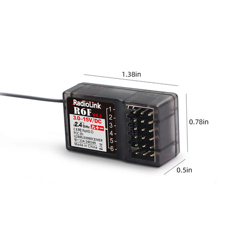 2.4GHz R6F 6 Channel RC Receiver For Long Distance Control Of Cars And Boats, dimensions labeled, transparent casing