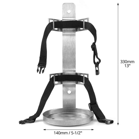 Two Pack Stainless Steel Fire Extinguisher Brackets, 5.5 Inch Diameter For 5 Pound Extinguishers, Built Like A Tank, Quick Release Snap shown