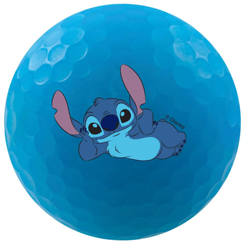 Blue golf ball from the Vivid Soft Disney Golf Balls 4 Pack Gift Set with Stitch design, matte finish for accurate play and fun.
