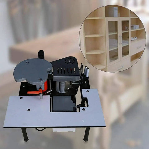 Portable Edge Bander For Woodworking With Speed Control, Curve And Straight Edge Modes shown with furniture trim example.