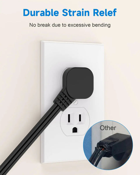 Ultra Thin Flat Plug Extension Cord 1Ft Right Angle Low Profile 3 Prong Grounded Power Cable Indoor Space Saver 16AWG 13A 1625W Black 2 Pack with plug inserted in wall socket