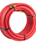 Heavy Duty 50 Foot Rubber Air Hose Packed With 3 8 Inch Bore And Machined Brass One Quarter Male Npt Couplings Garage Graded Pneumatic Line Blasting Kink Free Genuinely Rock Solid Rating 250 Psi coiled with brass fittings.
