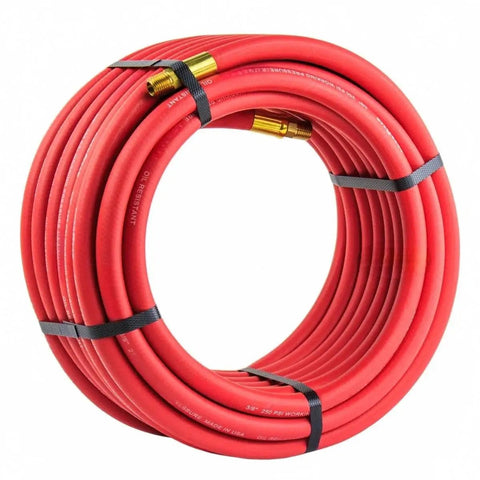 Heavy Duty 50 Foot Rubber Air Hose Packed With 3 8 Inch Bore And Machined Brass One Quarter Male Npt Couplings Garage Graded Pneumatic Line Blasting Kink Free Genuinely Rock Solid Rating 250 Psi coiled with brass fittings.
