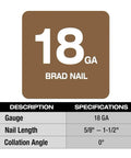 M12 Fuel 18 Gauge Compact Brad Nailer specifications chart showing size and collation angle for nails.
