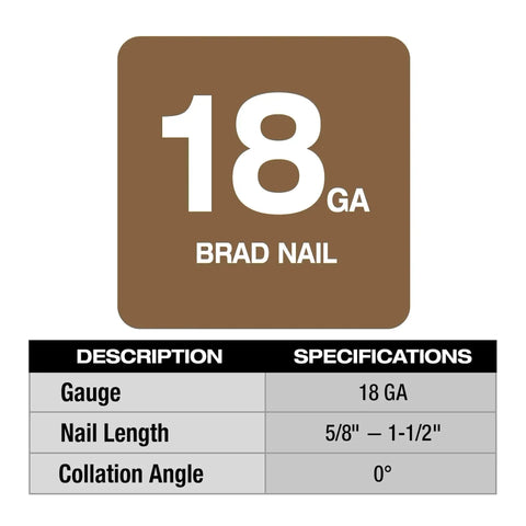 M12 Fuel 18 Gauge Compact Brad Nailer specifications chart showing size and collation angle for nails.