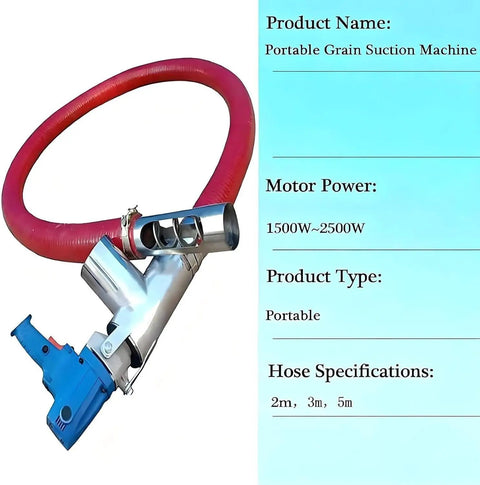 Heavy Duty Grain Pumping Machine With Portable Auger Screw Conveyor, high suction vacuum, 1500-2500W motor, red hose
