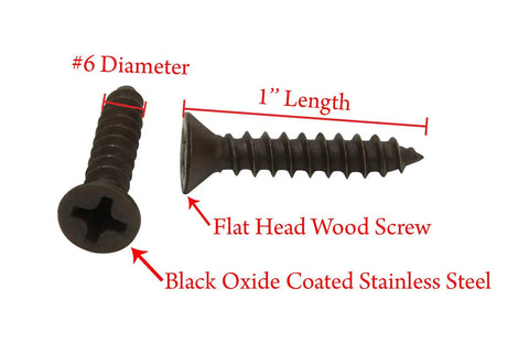 Badass 18-8 304 Stainless Steel Flat Head Phillips Wood Screws Black Oxide Coated No. 8 X 1 Inch shown with dimensions marked.
