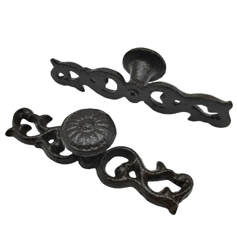 4 Pack Black Cast Iron Drawer Pulls Beefy Heavy Duty Five Point Three Inch Long Rustic Vintage Cabinet Knobs with intricate detailing