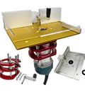 Heavy Duty Aluminum Router Table Insert Plate Packed With Smooth Action Router Lift And Lock Tight Centering Bushing For Dead Nuts Precision Wood Milling In Any Home Shop with aluminum top and accessories.