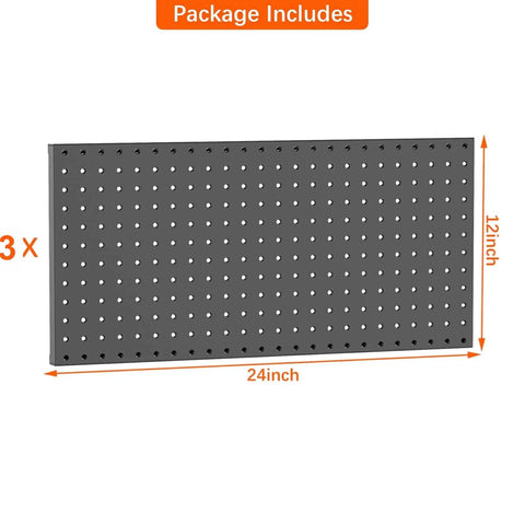 Heavy Duty Metal Pegboard Panels Pack Of 3 For Wall Mount Garage Tool Storage Black Finish Modular Pegboard Organizer For Workbench Shop And Tool Wall, 24x12 inches, black steel panel.
