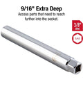 9/16 inch extra deep spark plug socket, 3/8 inch drive, chrome finish, Extra Deep Spark Plug Socket Three Eighths Drive Nine Sixteenths Size CRMO Alloy Steel Built To Last Easy Removal And Installation Fits Most Foreign And Domestic Cars And Trucks.