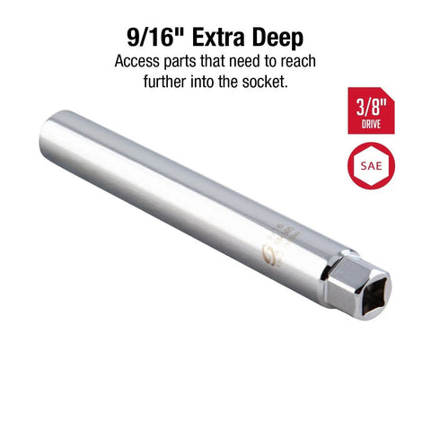 9/16 inch extra deep spark plug socket, 3/8 inch drive, chrome finish, Extra Deep Spark Plug Socket Three Eighths Drive Nine Sixteenths Size CRMO Alloy Steel Built To Last Easy Removal And Installation Fits Most Foreign And Domestic Cars And Trucks.