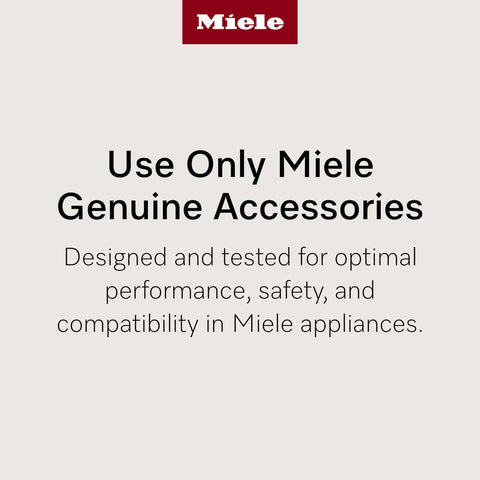 Miele brand message about using genuine accessories with text about performance, safety, and compatibility.