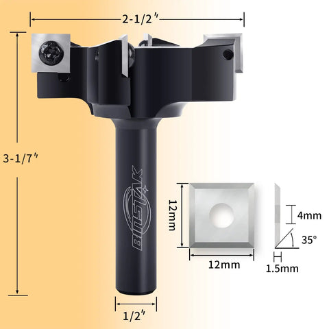 CNC Spoilboard Surfacing Router Bit With Half Inch Shank And Two And A Half Inch Cutting Diameter Four Wing Beefy Carbide Insert Slab Flattening Planer Bit For Heavy Duty Woodworking And Smooth Flat Surfacing