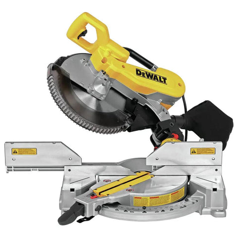 Workhorse 15 Amp Double Bevel 12 Inch Electric Compound Miter Saw With 14 Positive Stops Miter Detent Plate And Detent Override For Precise Crosscuts Renewed, yellow and silver saw with adjustable angles.