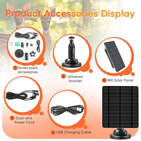 Diagram of 3W Solar Panel Kit With Built In 5000mAh Battery For Trail Cameras IP66 Waterproof including accessories display