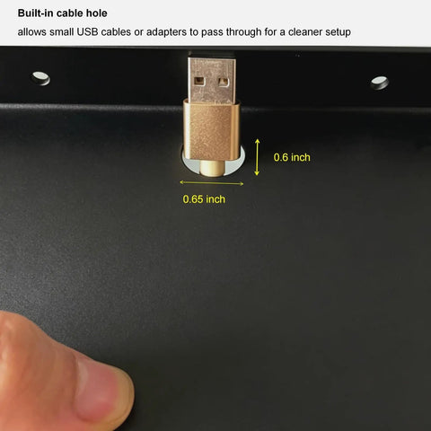 Built-in cable hole on the Straight Fire Black Metal Floating Wall Shelf For Echo Dot Alexa Smart Speakers, measuring 0.65 inches.