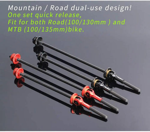 Ultralight Titanium Quick Release Skewer Set For Carbon Fiber Road And MTB Wheels, black and red skewer pairs displayed.
