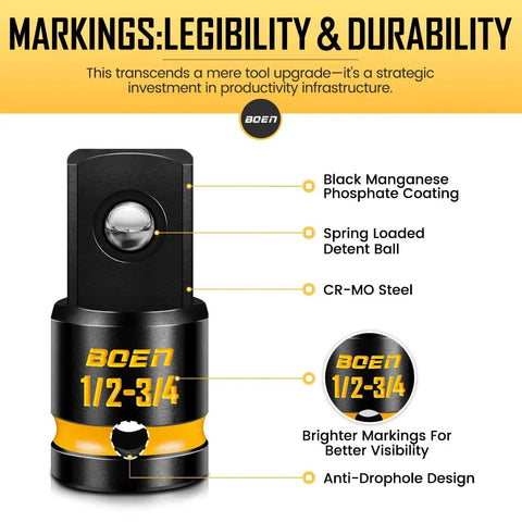 8 Piece Impact Socket Adapter And Reducer Set For One Quarter Three Eighths One Half Three Quarters Inch Drives Cr Mo Steel Impact Driver And Wrench Conversion Kit With Deep Embossed Markings Seamlessly Connect Any Drive Size And Cut Tool Costs image showing a CR-MO steel socket with black coating and markings for enhanced visibility and durability.