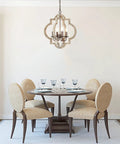 Dining room with 4 Light Farmhouse Chandelier With Handmade Wood Frame And Rustic Bronze Arms, ceiling light fixture.
