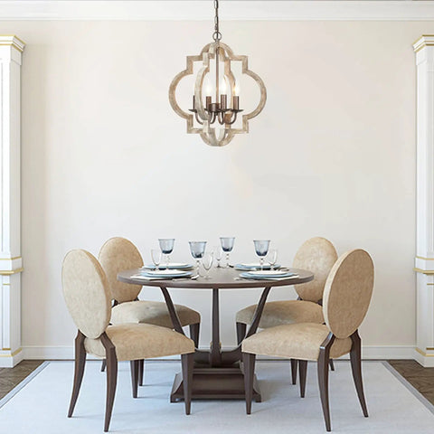 Dining room with 4 Light Farmhouse Chandelier With Handmade Wood Frame And Rustic Bronze Arms, ceiling light fixture.