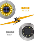 Comparison of Lit 16 LED Solar Ground Lights Outdoor Warm White Disk Lights with 8 LED model.