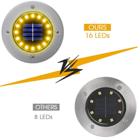 Comparison of Lit 16 LED Solar Ground Lights Outdoor Warm White Disk Lights with 8 LED model.