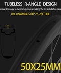 Diagram of Bangin Carbon Fiber Road Wheelset 700C Rim Brake With 50mm Deep Rim And 25mm Tubeless Ready Design