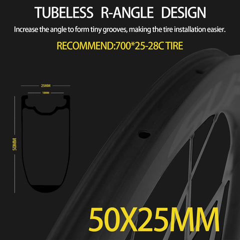 Diagram of Bangin Carbon Fiber Road Wheelset 700C Rim Brake With 50mm Deep Rim And 25mm Tubeless Ready Design