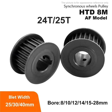Heavy Duty Steel Timing Pulley With 25 Teeth For HTD 8M Belt System, 24T/25T AF model, fits 28mm bore and various belt widths.