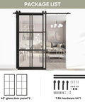 Bypass Double Glass Barn Door 84 By 84 Inches With 7.5 Foot Side Mounted Hardware Kit Includes Two 42 By 84 Tempered Glass Panels Aluminum Frame Rails Rollers Floor Guides Stoppers And Easy Assembly, shown with glass panels and hardware pieces.