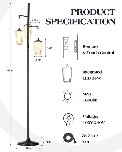 Illustration showing Industrial Dimmable Floor Lamp With Three Light Tree And Metal Cage Shades Farmhouse Vibe Tall 71 Inch Pole Lamp
