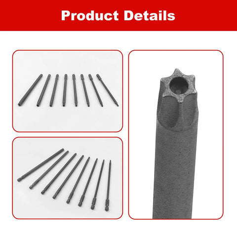 Top Shelf Eight Piece Long Torx Security Screwdriver Bits Set Built Tough With S2 Steel Blades displayed in various angles.