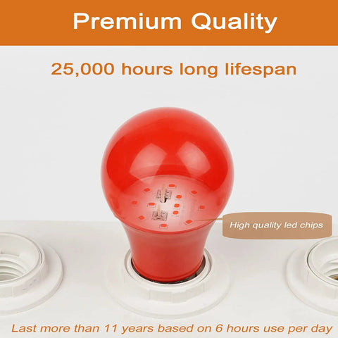 Red LED Light Bulbs 9W 60W Equivalent E26 A19 120V Four Pack For Bedroom Porch Holidays Parties Valentines Day Halloween Christmas Home Decor Cozy Red Mood Lighting shown in socket highlighting premium quality and lifespan
