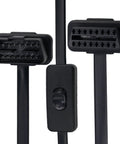 Must-Have OBD II 16 Pin Extension Cable With Switch, 0.6M 2Ft, 90 Degree Right Angle, connectors and switch visible