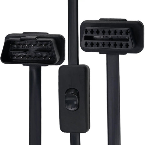 Must-Have OBD II 16 Pin Extension Cable With Switch, 0.6M 2Ft, 90 Degree Right Angle, connectors and switch visible