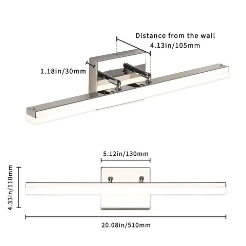 Modern Chrome Vanity Light Bar 20 Inch Long LED Fixture 12W Dimmable Vanity Lighting For Bathroom Makeup Mirror 4000K Daylight Adjustable Wall Sconce ETL Certified Contemporary Bath Decor