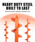 Front view of three orange steel garden auger drill bits with spiral blades.
