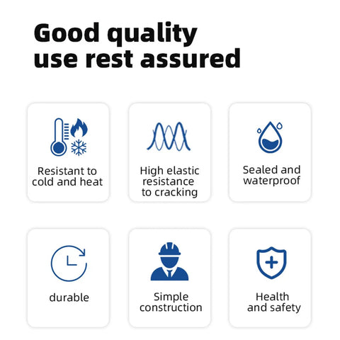 Icons highlighting features of Heavy Duty Liquid Concrete Crack Filler and Waterproof Sealant for Basements Roofs and Pool Projects Quick Setting Formula that Kicks Ass while Locking Out Moisture and Protecting Structural Integrity 500ML Tube.