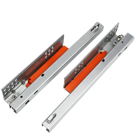 Heavy Duty Undermount Drawer Slides With Push To Open Design, silver steel guides with orange rail for kitchen or garage.