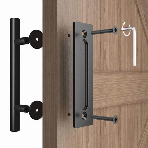 Two Pack 12 Inch Sliding Barn Door Handle Pull And Flush Hardware Set With Flat Back Plate Design In Rustic Black Finish